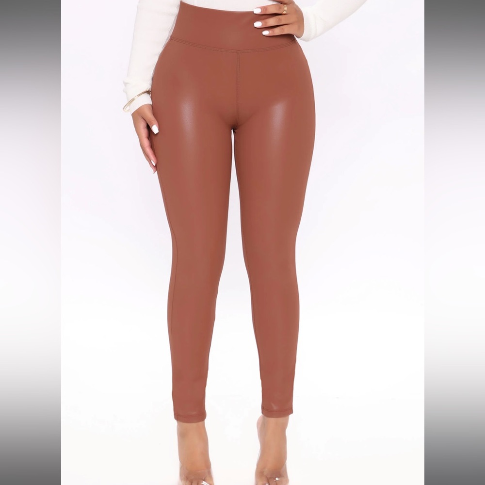 BNWT Fashionnova Faux Leather Leggings Tan Cognac Brown